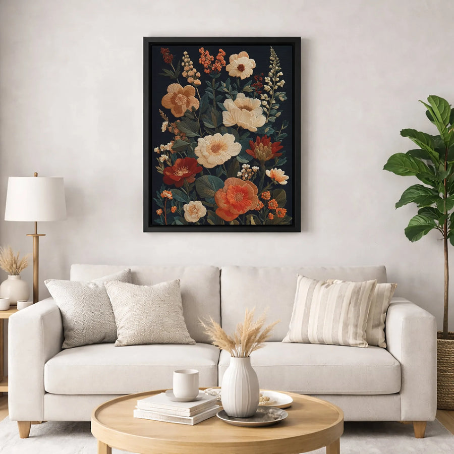 Floral Embroidery Wall Art | Moody Botanical Canvas Print | Premium Gallery Wrapped Decor | Dark Aesthetic Home Gift for Her