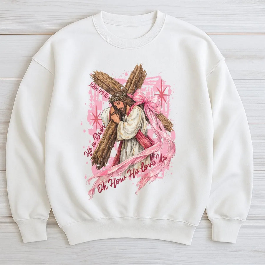 He is Risen Sweatshirt | Jesus Carrying Cross Graphic | Premium Cotton Blend | Christian Faith Easter Gift for Women