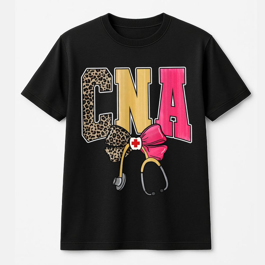 CNA T-Shirt | Leopard Print Nursing Assistant Graphic with Bow and Stethoscope | 100% Cotton Premium Tee | Unique Gift for Certified Nursing Assistants