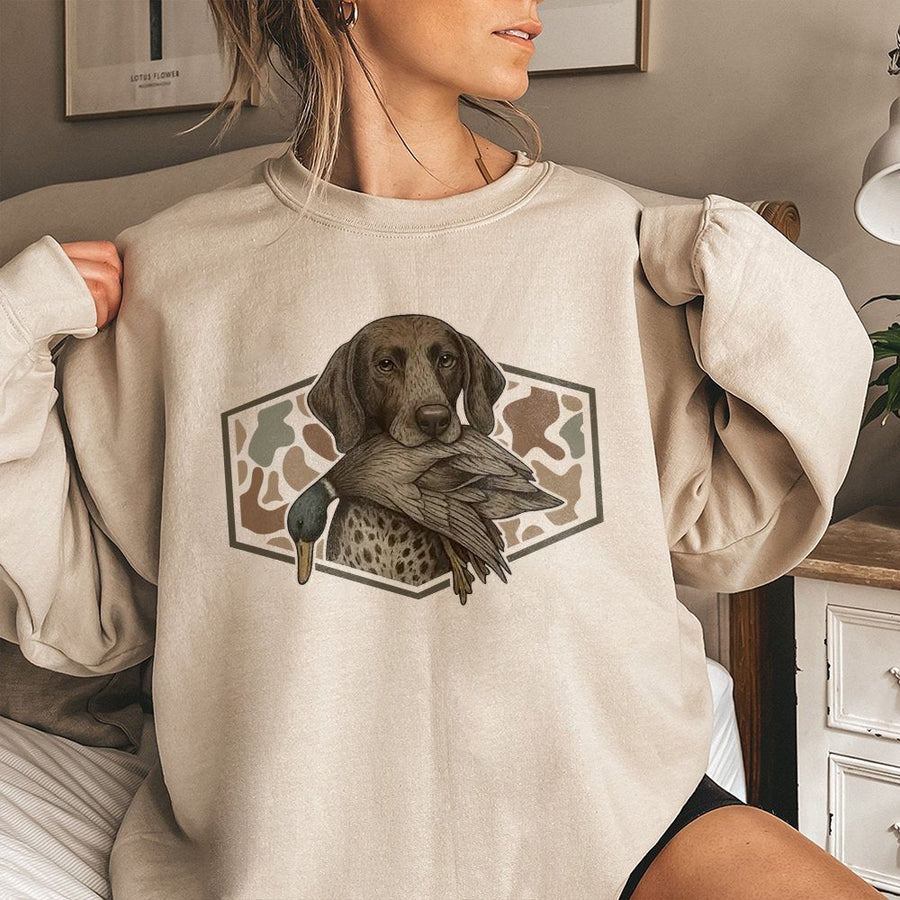 German Shorthaired Pointer Sweatshirt | GSP Hunting Dog with Mallard Duck Graphic | Premium Cotton Blend | Gift for Hunter or Dog Lover