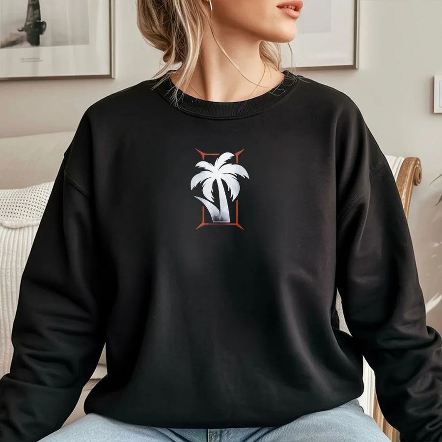 Palm Tree Sweatshirt | Minimalist Tropical Graphic with Geometric Frame | Soft 100% Cotton | Unisex Summer Vacation Gift
