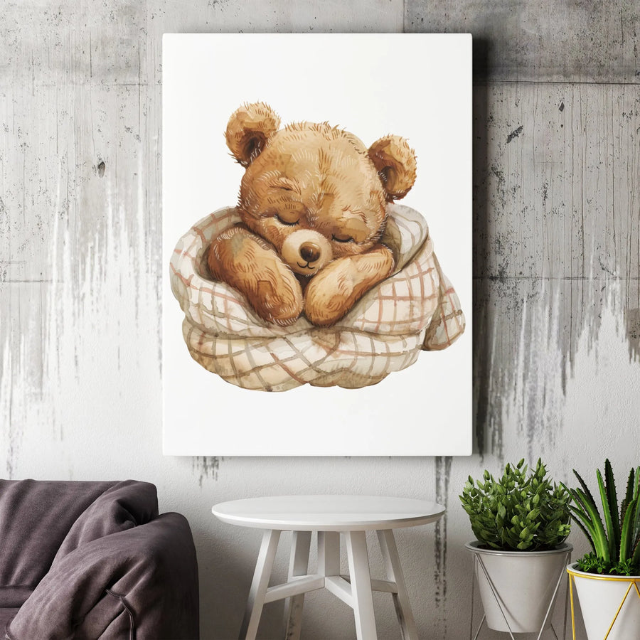 Sleeping Teddy Bear Wall Art | Watercolor Baby Animal Nursery Decor | Premium Gallery Wrap Canvas | Cute Woodland Bedroom Gift