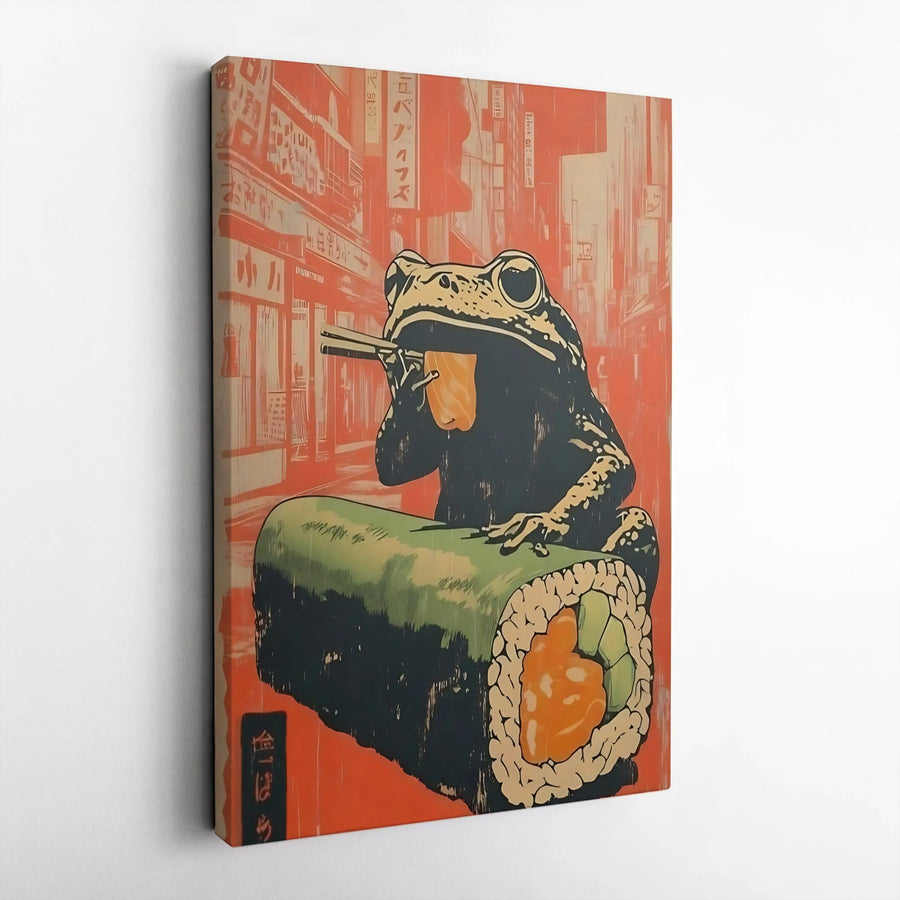 Japanese Toad Eating Sushi Canvas Wall Art | Ukiyo-E Style Retro Print | Gallery-Quality Thick Wrap | Quirky Kitchen Decor Gift for Sushi Lovers