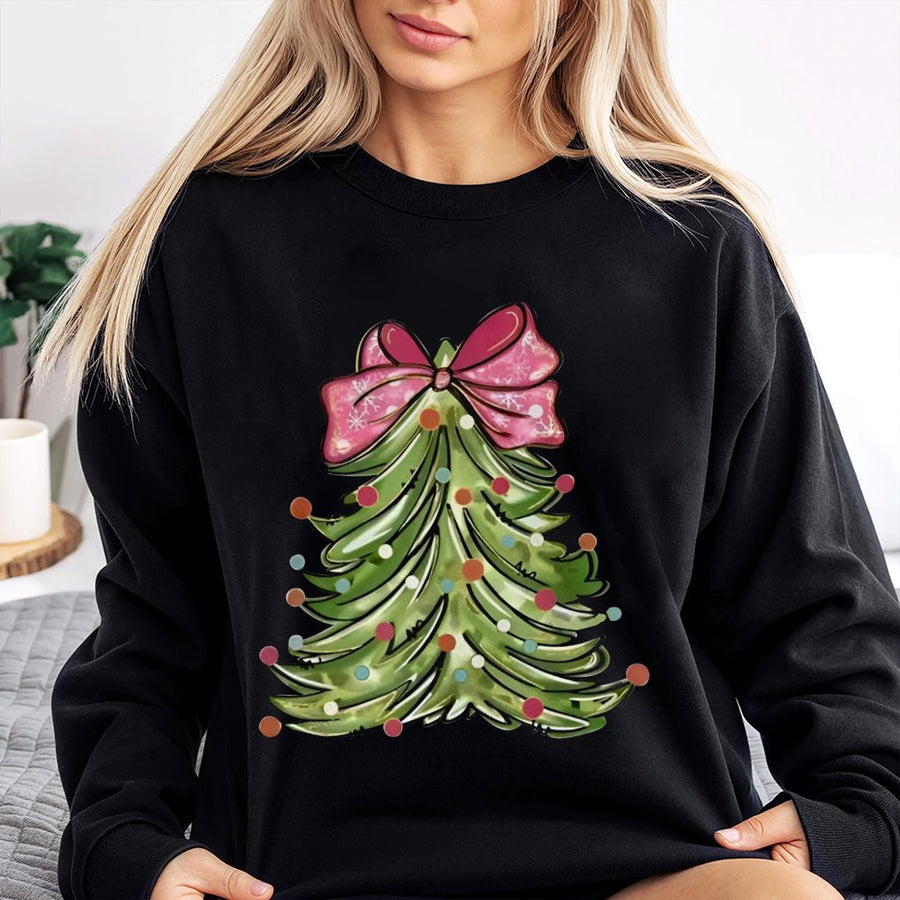 Christmas Tree Sweatshirt | Pink Bow Holiday Graphic | Soft Cotton Blend Unisex Pullover | Festive Winter Apparel Gift for Her