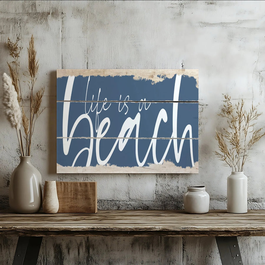 Life Is A Beach Canvas Art | Coastal Blue Rustic Wood Quote Print | Premium 1.25" Gallery Wrap | Beach House Decor Gift for Her