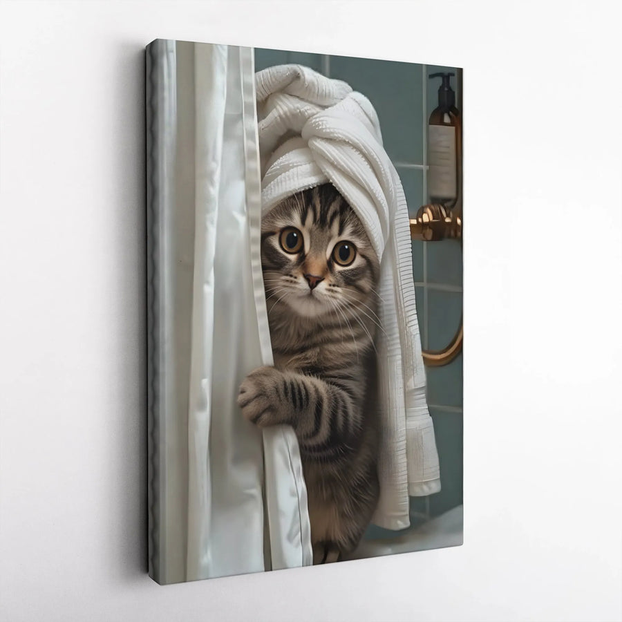 Cute Tabby Cat Canvas Print | Funny Shower Peeking Kitten Wall Art | 1.25” Gallery Wrapped Premium Decor | Bathroom Wall Decor for Cat Lovers