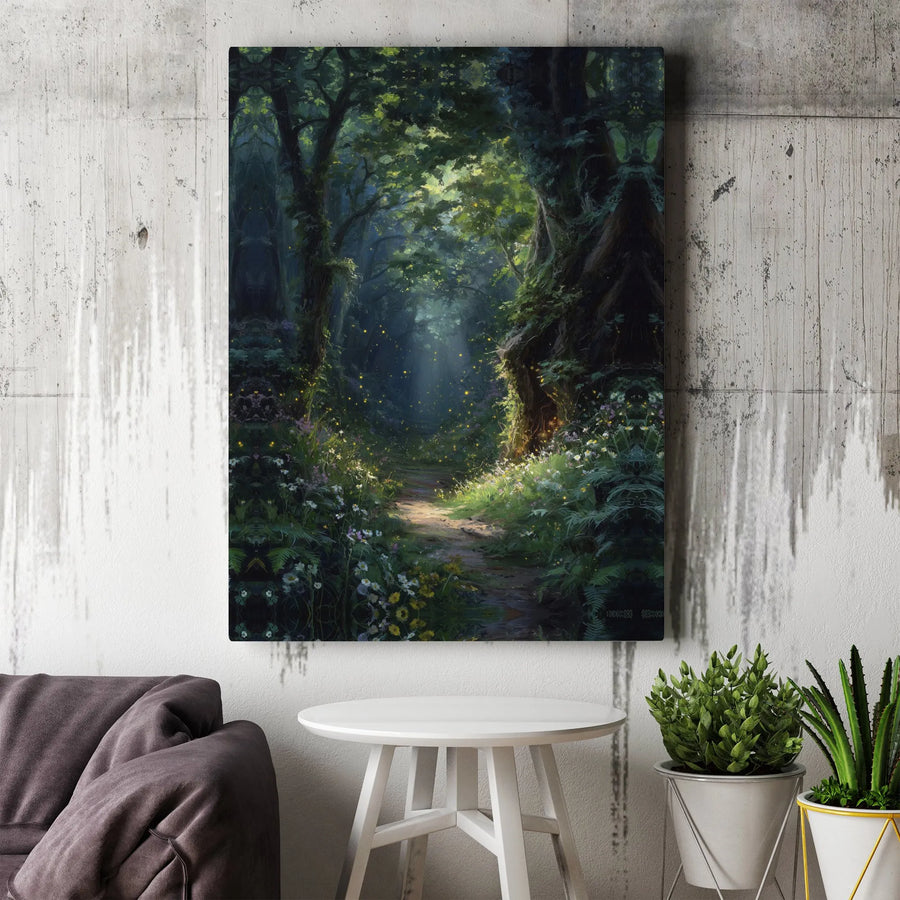 Enchanted Forest Canvas Wall Art | Mystical Firefly Path Painting | Premium Gallery Wrapped Canvas | Fantasy Lover Gift for Living Room Decor