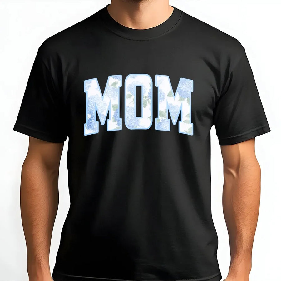 Floral Mom T-Shirt | Blue Hydrangea Varsity Letter Print | Soft Cotton Blend | Preppy Mother's Day Gift for New Mom