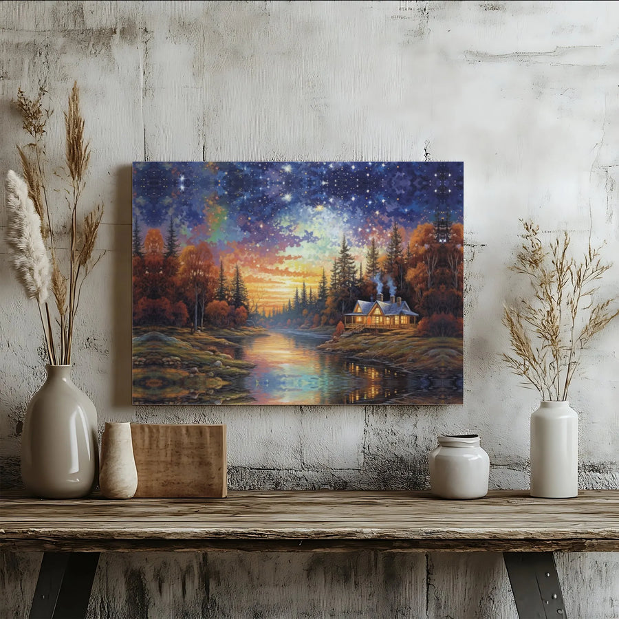 Lakeside Cabin Wall Art | Autumn Forest Starry Night Landscape | Premium 1.25" Gallery Canvas | Cozy Nature Home Decor Gift