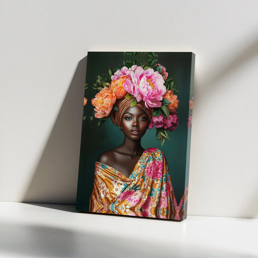 Black Woman Canvas Wall Art | Floral Peony Headdress Portrait | Premium 1.25-Inch Gallery Wrap | African American Decor Gift