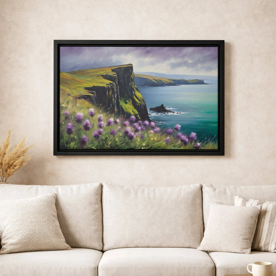 Irish Coastal Cliff Canvas Print | Moody Seascape with Purple Wildflowers | Gallery Quality Wrapped Wall Art | Premium Home Decor Gift