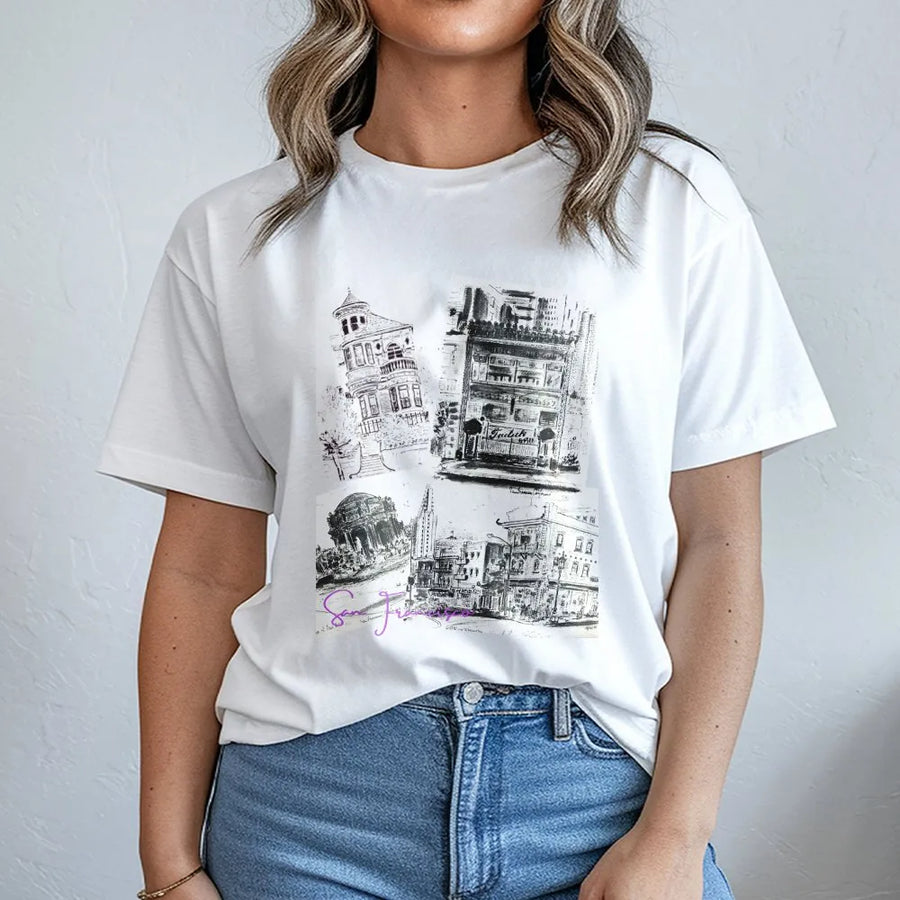 San Francisco City Sketch T-Shirt | Architectural Landmark Collage Art | Premium Cotton Travel Souvenir | Unisex California Urban Graphic Tee