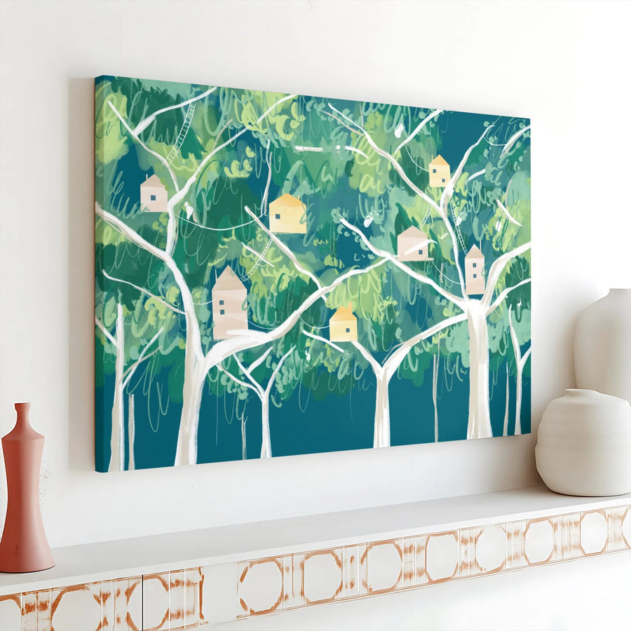 Whimsical Treehouse Canvas Wall Art | Modern Forest Print with Abstract Neighborhood | Premium Gallery Wrapped Canvas | Living Room & Nursery Decor Gift
