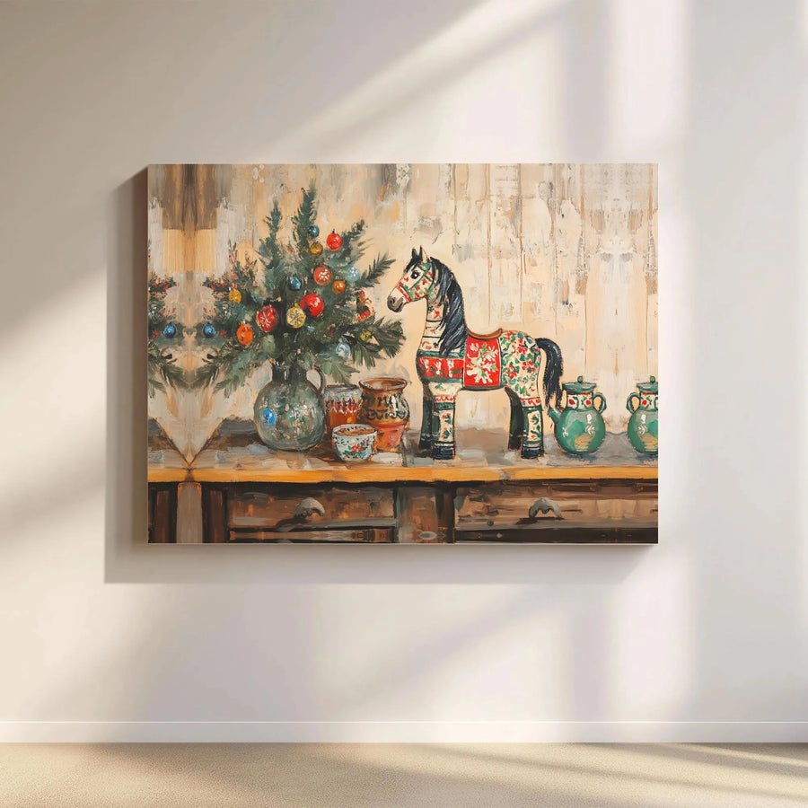 Vintage Folk Art Christmas Canvas Print | Dala Horse Holiday Still Life | 1.25” Thick Gallery Wrap | Ready to Hang Seasonal Home Decor