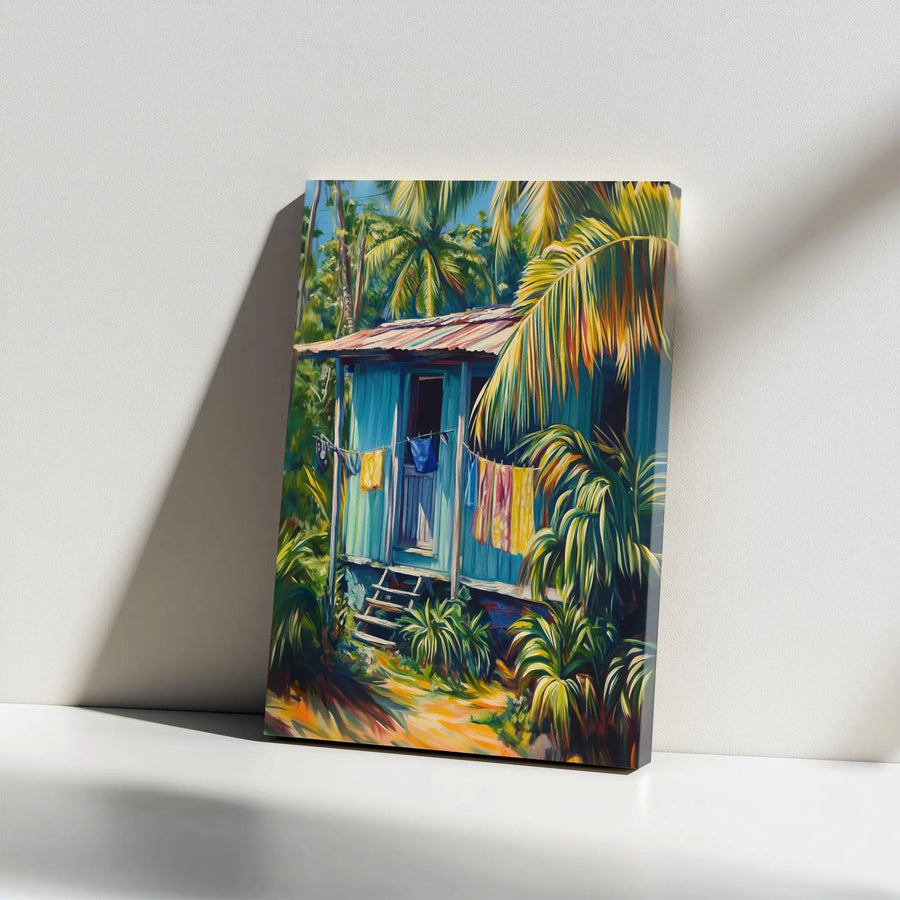 Tropical Beach House Canvas Wall Art | Vibrant Island Painting Print | Premium Gallery Wrap Canvas | Coastal Home Decor Gift