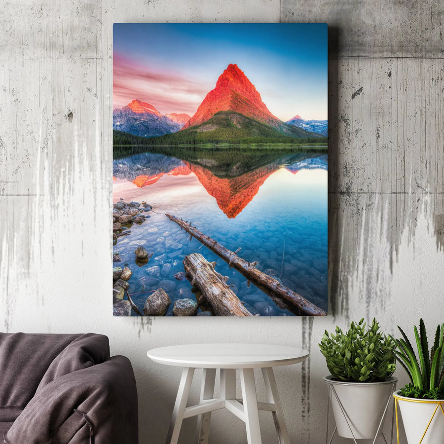 Mountain Lake Landscape Canvas | Red Peak Sunrise Reflection | Premium Gallery Wrapped Wall Art | Nature Decor For Home Or Office