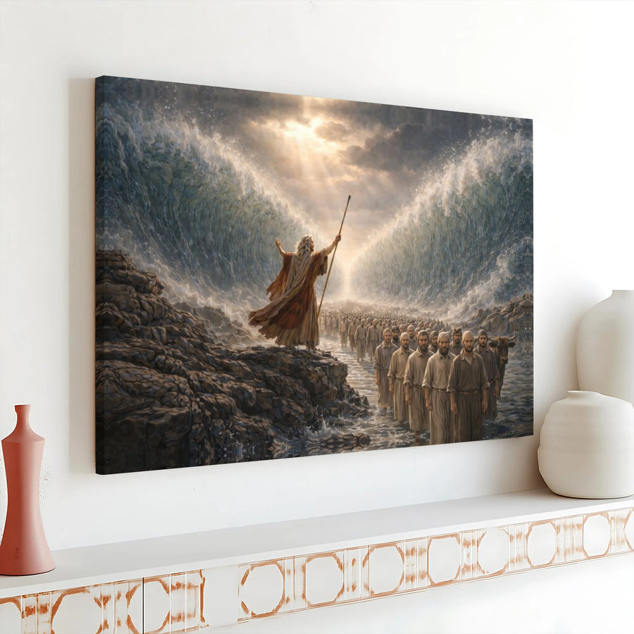 Moses Parting Red Sea Canvas Print | Realistic Biblical Scene Wall Art | Premium Gallery Wrap | Christian Home Decor Gift for Believers
