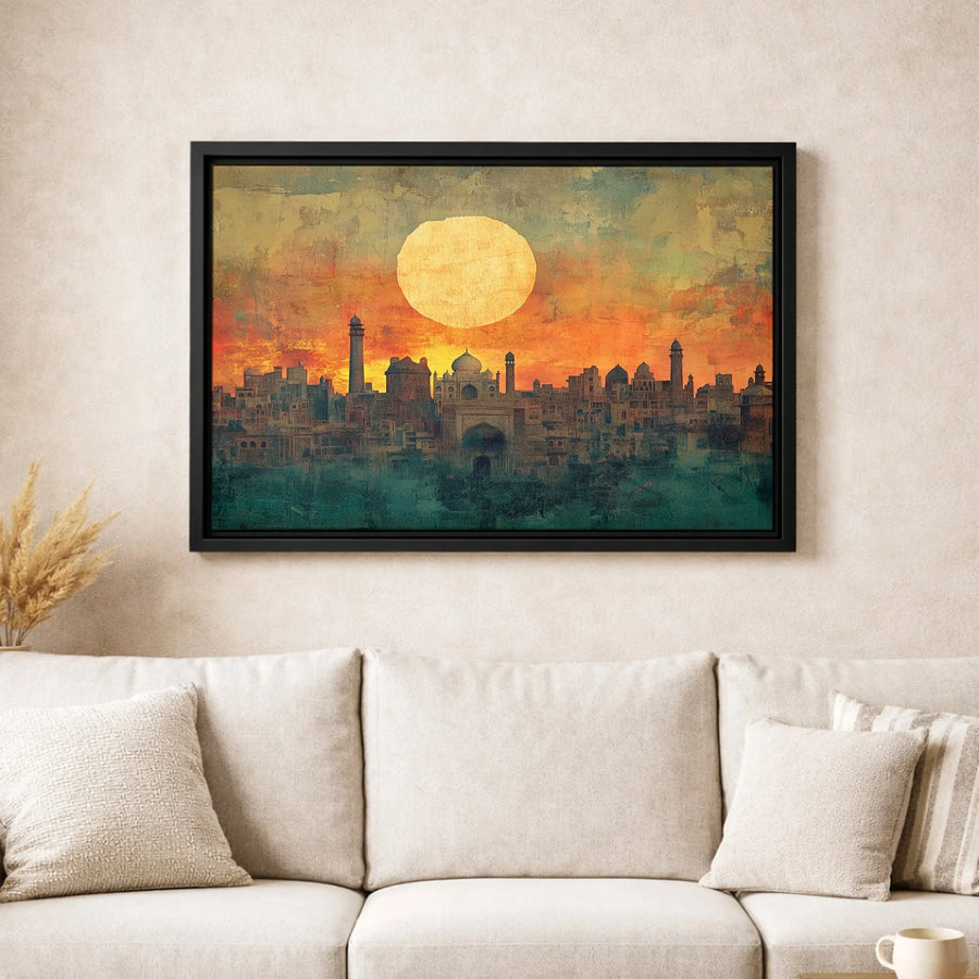Taj Mahal Cityscape Canvas Art | Abstract Sunset Indian Architecture | Premium Gallery Wrap Print | Travel Lover Wall Decor Gift