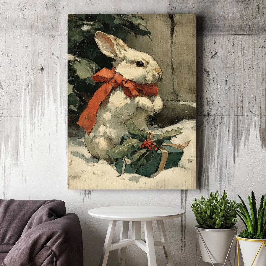 Vintage Christmas Rabbit Canvas | Red Bow & Holly Winter Art | Gallery Wrap 1.25 inch | Festive Farmhouse Holiday Home Decor Gift