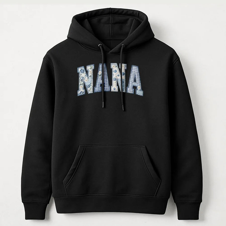 Nana Hoodie | Blue Floral Gingham Patchwork Style Letters | Premium Cotton Graphic Tee | Gift for Grandma, Mother's Day Present
