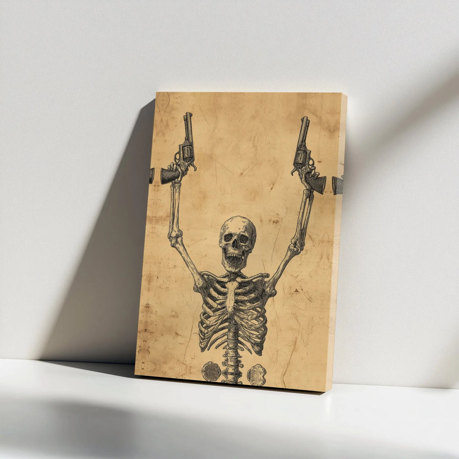 Skeleton With Revolvers Wall Art | Western Gothic Skull Illustration | 1.25 Inch Gallery Wrap Canvas | Premium Edgy Home Decor Gift