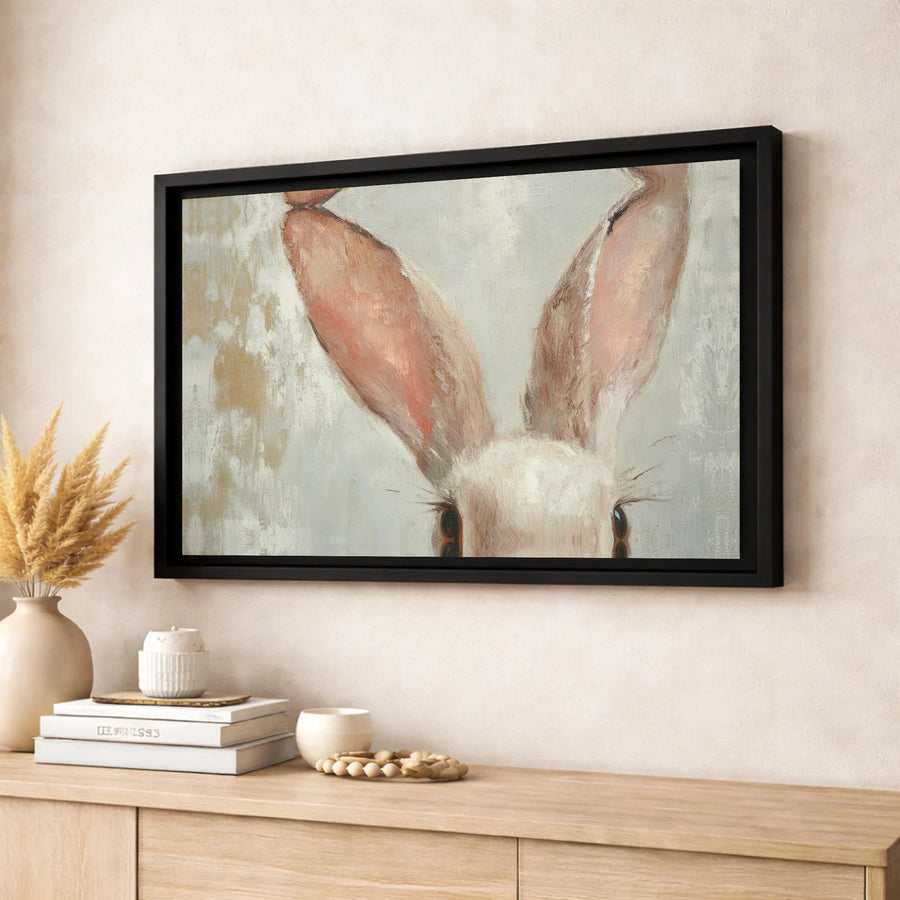 Peeking Rabbit Wall Art | Abstract Neutral Bunny Oil Painting | Premium Gallery-Wrapped Canvas | Rustic Farmhouse Decor Gift