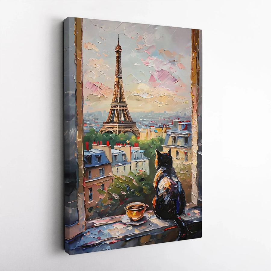 Paris Cat Canvas Wall Art | Impasto Style Painting of Eiffel Tower | Thick Gallery Wrap Print | Collector's Gift for France Lover & Parisian Decor