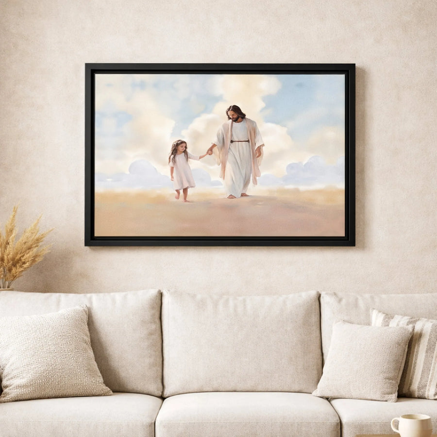 Jesus Walking With Little Girl Canvas Art | Religious Christian Wall Decor | Premium Fade-Resistant Print | Spiritual Gift for Nursery or Home