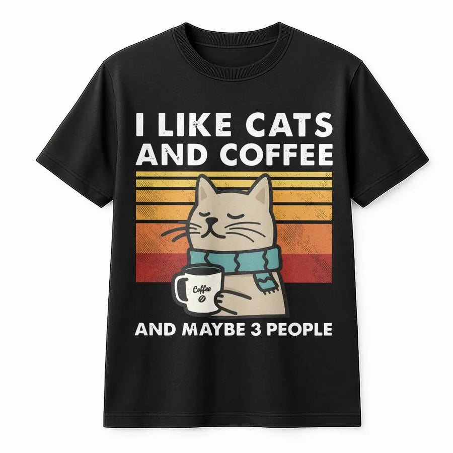 I Like Cats and Coffee and Maybe 3 People T-Shirt | Retro Funny Cat Graphic Tee | Soft Cotton Premium Quality | Gift for Cat Lovers & Introverts