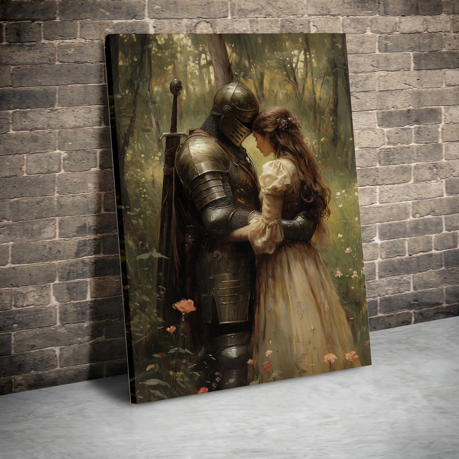 Knight and Maiden Canvas Wall Art | Romantic Medieval Forest Painting | Premium Gallery Wrapped Canvas | Fantasy Lover Gift for Home Decor