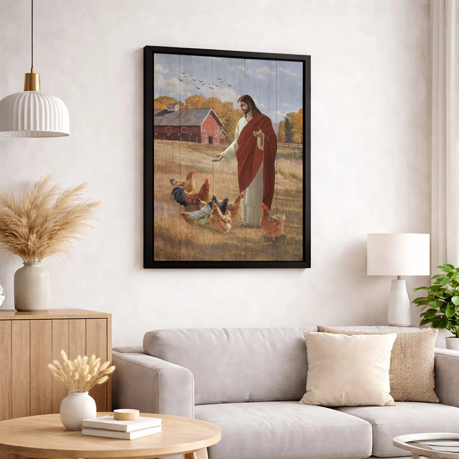 Jesus Feeding Chickens Canvas Print | Farmhouse Wall Art | Gallery Wrapped Premium Canvas | Religious Home Decor Gift for Chicken Lovers