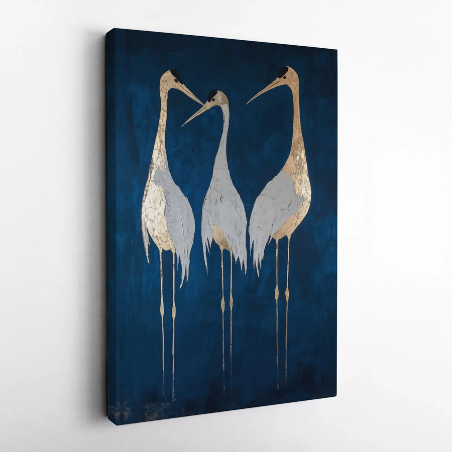 Abstract Crane Canvas Wall Art | Navy Blue And Gold Leaf Bird Print | Premium 1.25 Inch Gallery Wrap | Modern Home Decor For Living Room