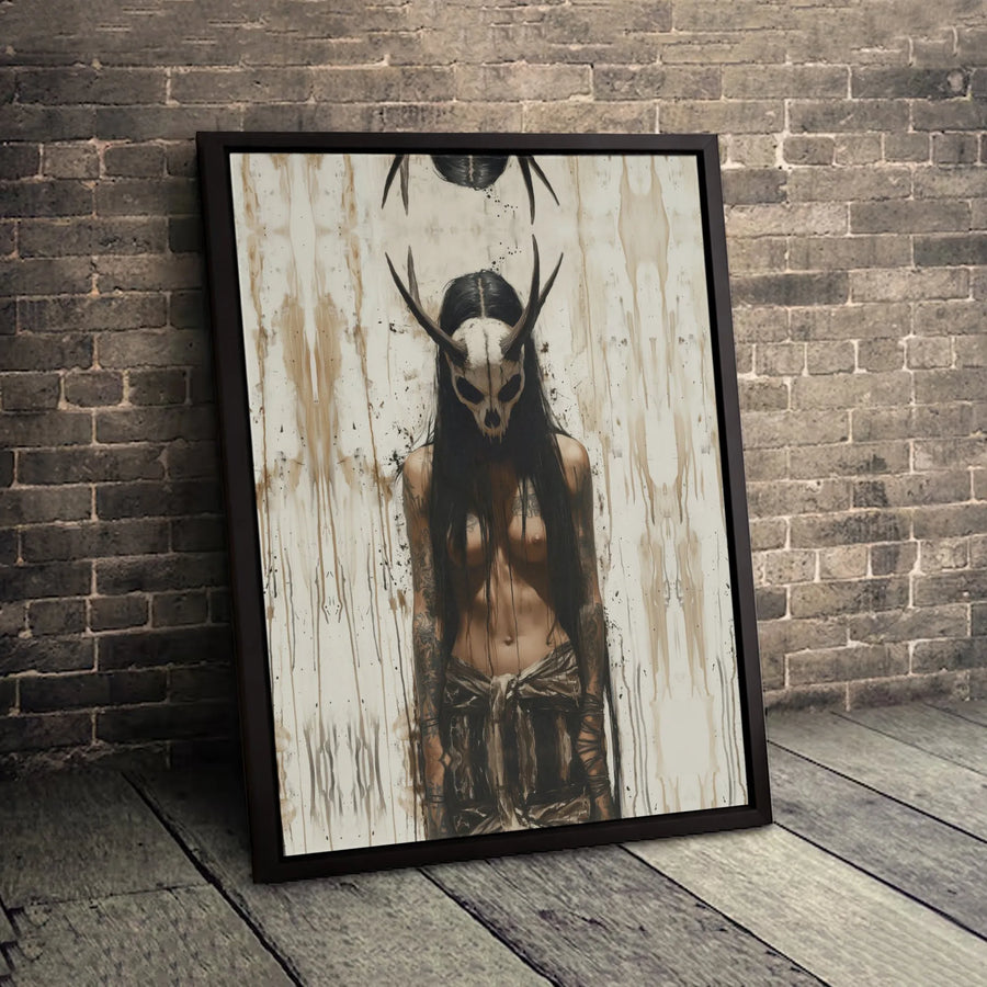 Dark Shaman Skull Mask Wall Art | Gothic Tattooed Woman Portrait | Premium Gallery-Wrapped Canvas | Occult Aesthetic Home Decor Gift