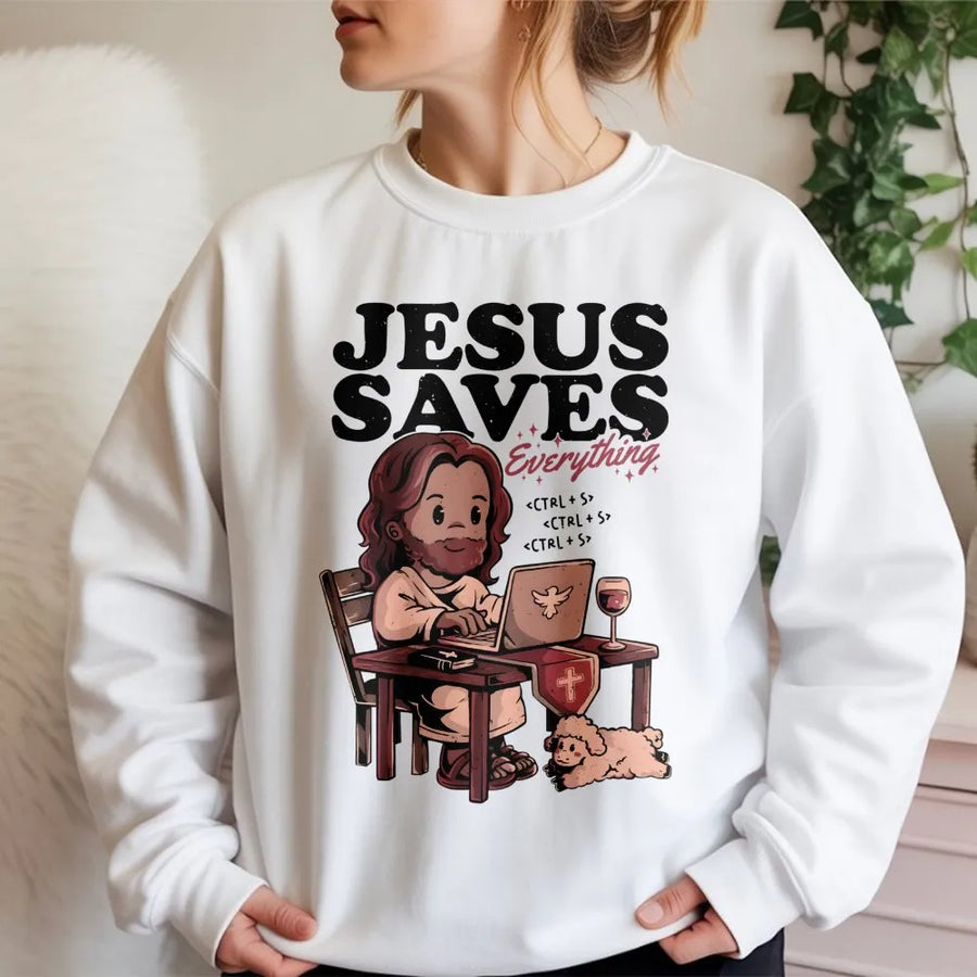 Jesus Saves Everything Sweatshirt | Funny Programmer Coding Graphic | Premium Cotton Blend | Gift For Software Developer Christian Coder
