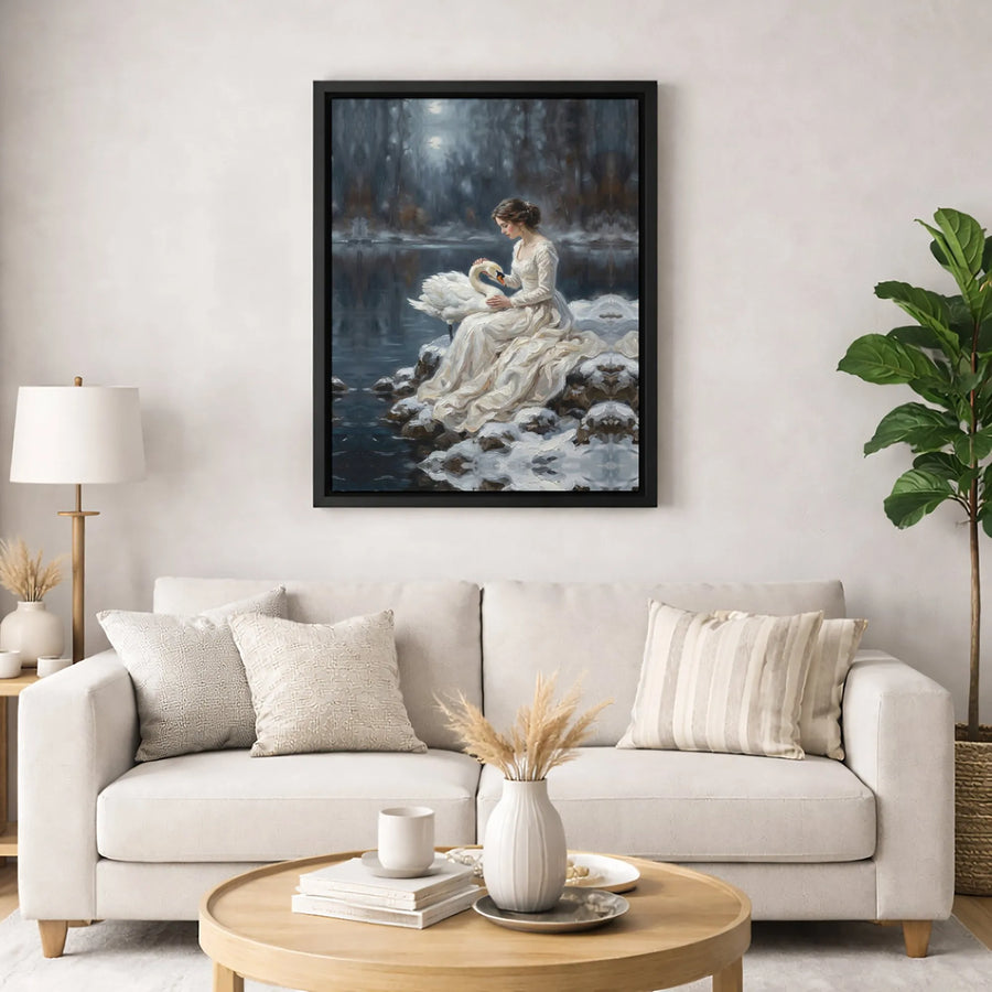 Woman With Swan Canvas Art | Snowy Winter Forest Landscape | Premium Fade-Resistant Print | Ethereal Nature Home Decor Gift