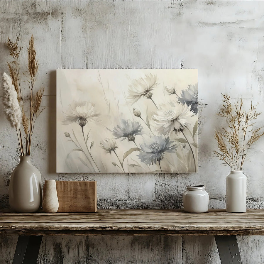 Watercolor Floral Canvas Wall Art | Blue and White Cornflower Botanical Print | 1.25 Inch Gallery Wrap | Neutral Home Decor for Living Room