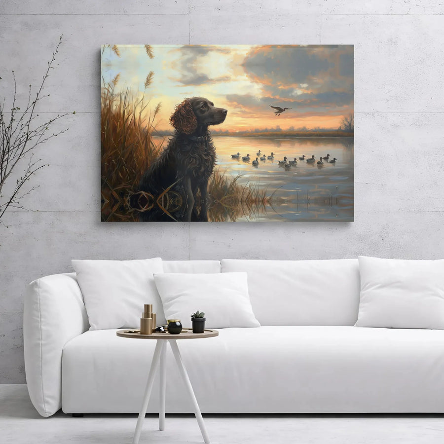 Hunting Spaniel Canvas Print | Sunset Lake Dog Wall Art | Premium 1.25 Inch Gallery Wrap | Sporting Dog Decor Gift for Hunters