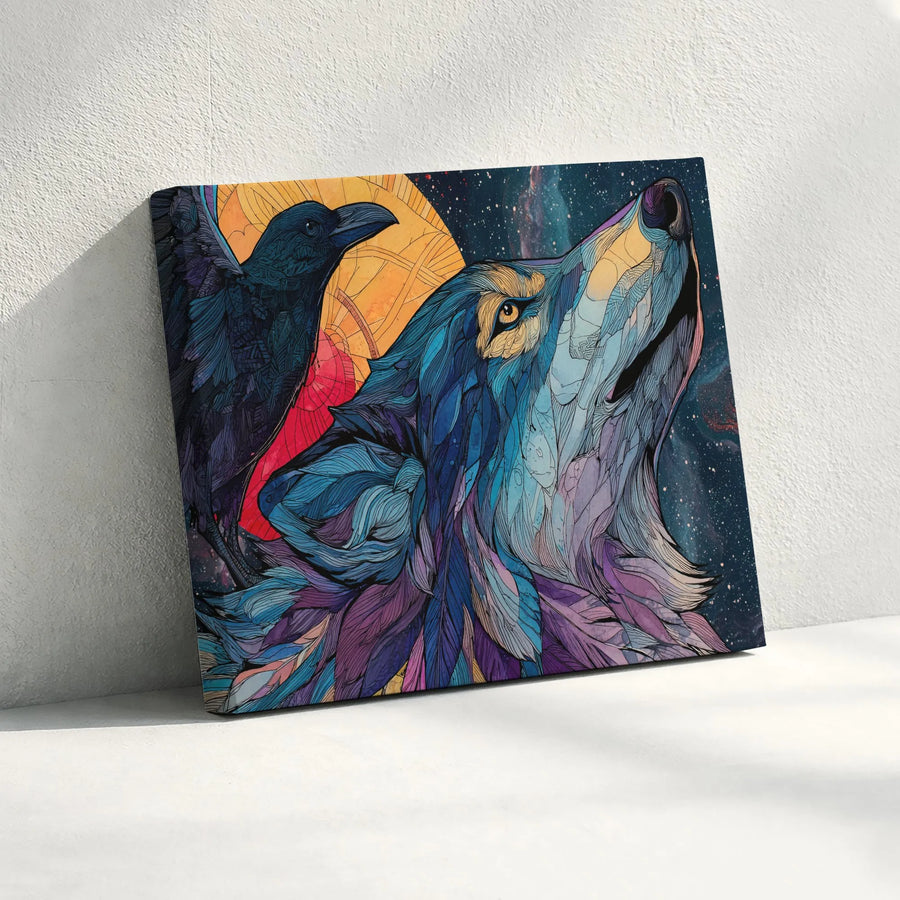 Wolf And Raven Canvas Wall Art | Stylized Galaxy Spirit Animal Decor | Premium Fade-Resistant Print | Wildlife Lovers Gallery Gift