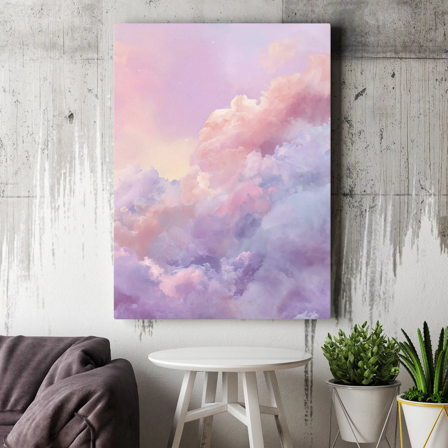 Pastel Cloudscape Vertical Canvas | Ethereal Pink and Purple Sky Art | Premium Gallery Wrapped Canvas | Modern Home Decor Gift for Bedroom