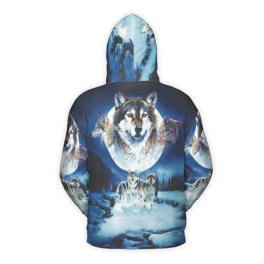 Wolf Hoodie | Moonlit Snowy Landscape 3D Graphic Design | Premium Soft Polyester Fleece | Unisex Animal Lover Gift