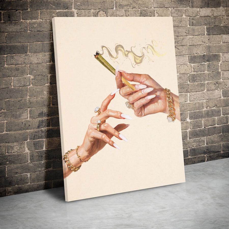 Luxury Stoner Wall Art | Aesthetic Hands With Jewelry Smoking Joint | Premium Gallery Wrap Canvas | Chic Modern Decor For Home Or Office