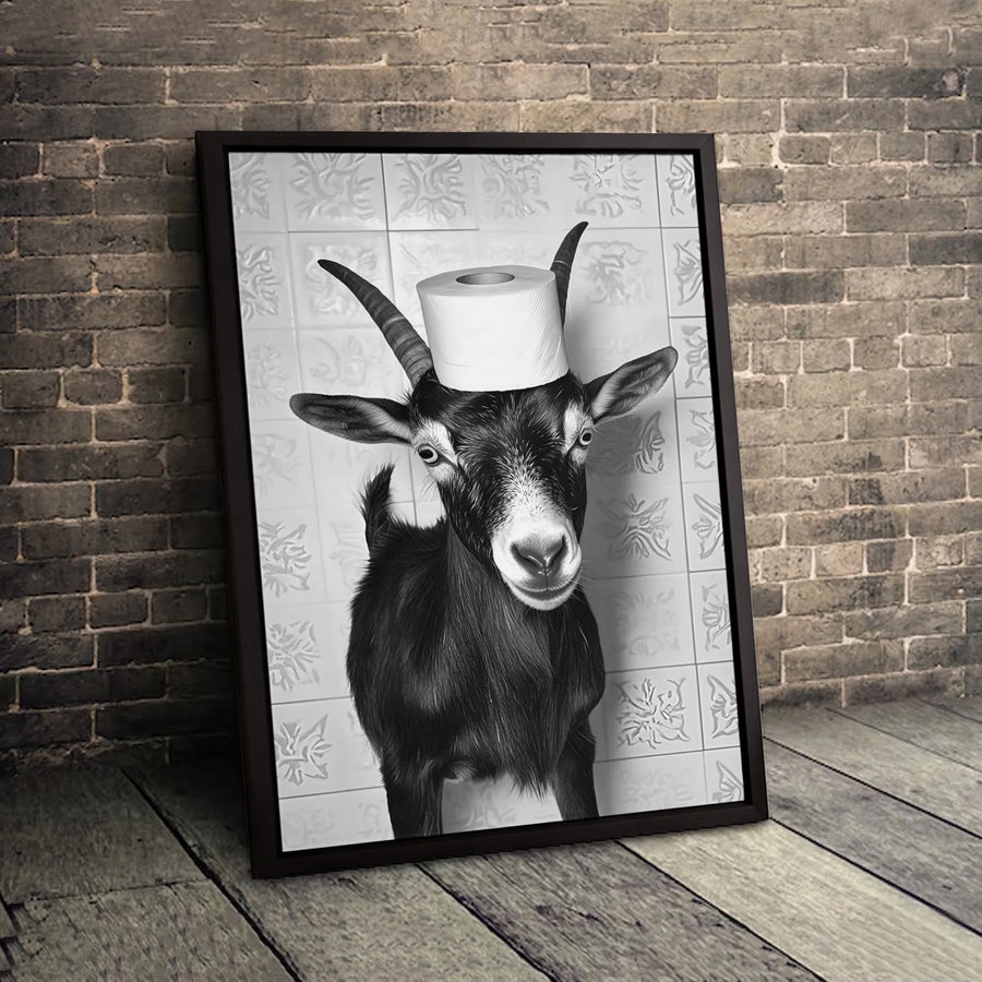 Funny Goat Canvas Wall Art | Whimsical Animal Toilet Paper Print | Premium Fade-Resistant Gallery Wrap | Unique Bathroom Decor Gift for Animal Lovers