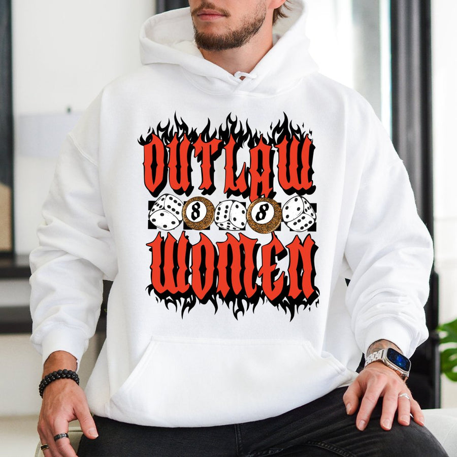 Outlaw Women Hoodie | Flaming Dice and 8-Ball Graphic | Premium Cotton Blend | Edgy Western Style Gift for Her