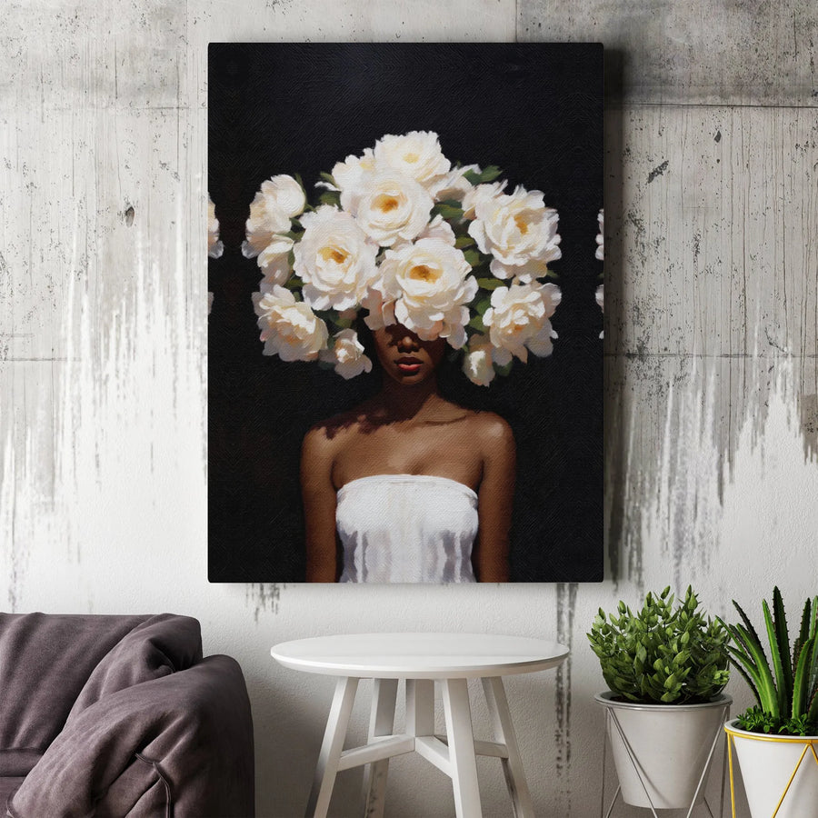 Black Woman Floral Canvas Wall Art | Surreal White Rose Portrait | Premium Thick Gallery Wrap | Modern Afrocentric Home Decor Gift