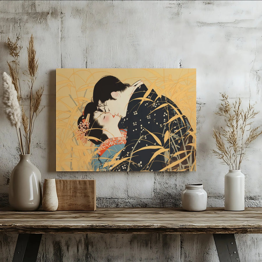 Japanese Art Canvas Print | Ukiyo-E Romantic Couple in Tall Grass | Premium 1.25-Inch Gallery Wrap | Anniversary Gift for Couples Home Decor