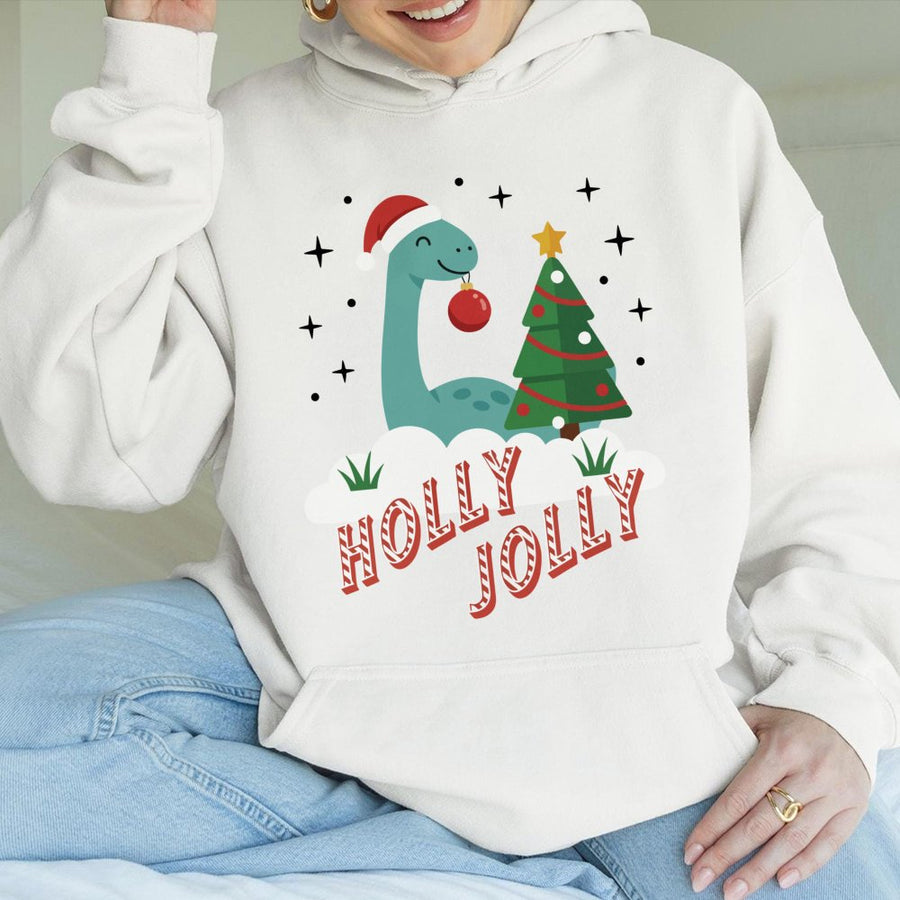 Holly Jolly Dinosaur Christmas Hoodie | Cute Dino Graphic Sweater | Premium Cotton-Blend Apparel | Festive Gift for Kids and Adults
