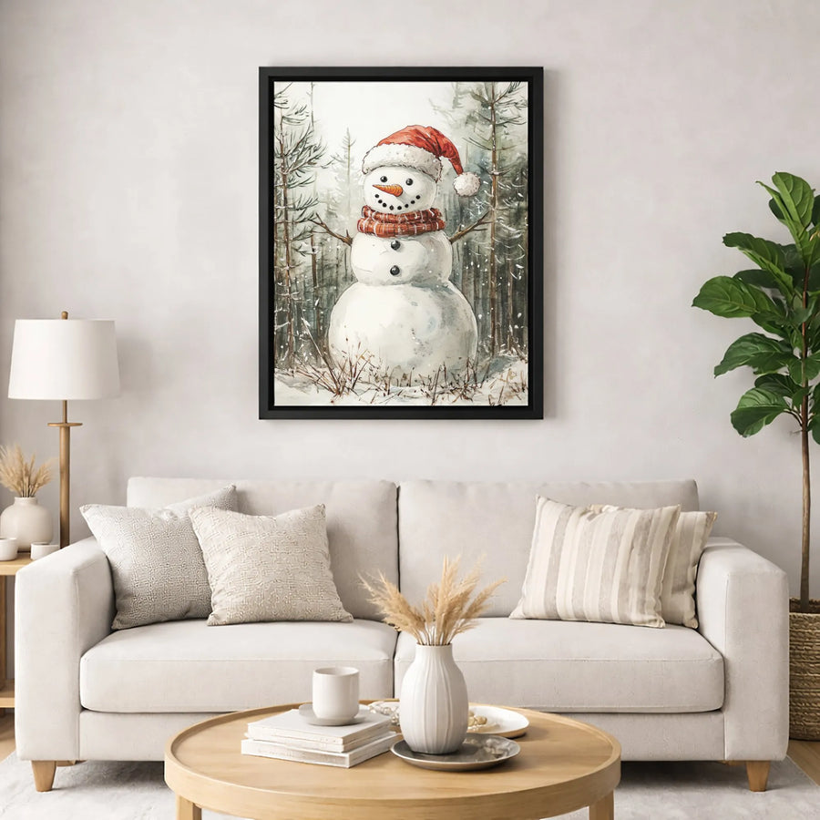 Watercolor Snowman Canvas Wall Art | Festive Christmas Forest Scene | Premium Fade-Resistant Gallery Wrap | Seasonal Holiday Home Decor Gift