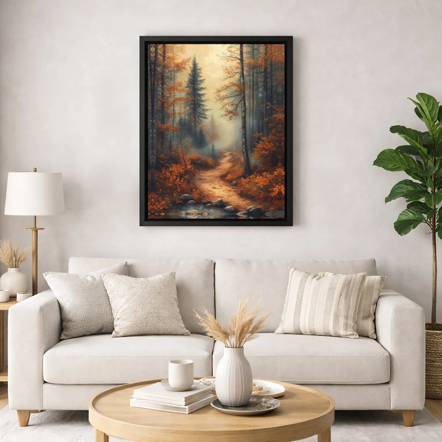 Autumn Forest Landscape Canvas Art | Misty Creek Woodland Path Wall Decor | Premium Gallery Wrap Print | Nature Inspired Home Gift