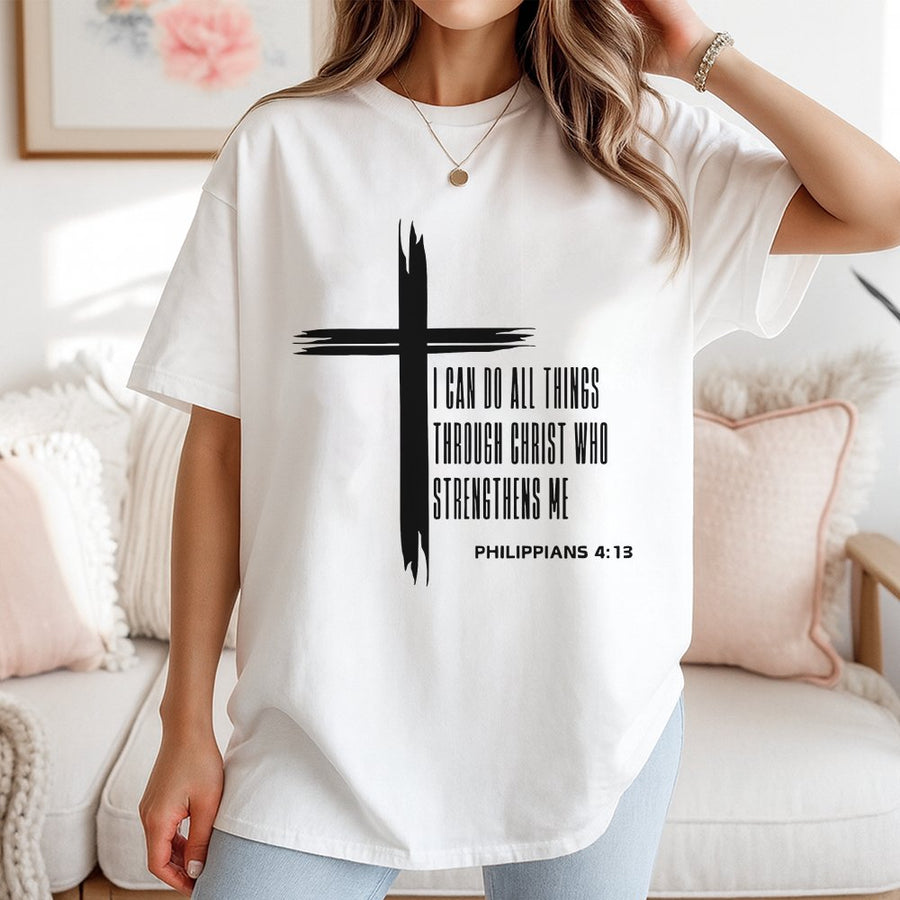 Philippians 4:13 T-Shirt | I Can Do All Things Through Christ Cross Design | 100% Cotton Premium Apparel | Inspirational Christian Gift for Faith