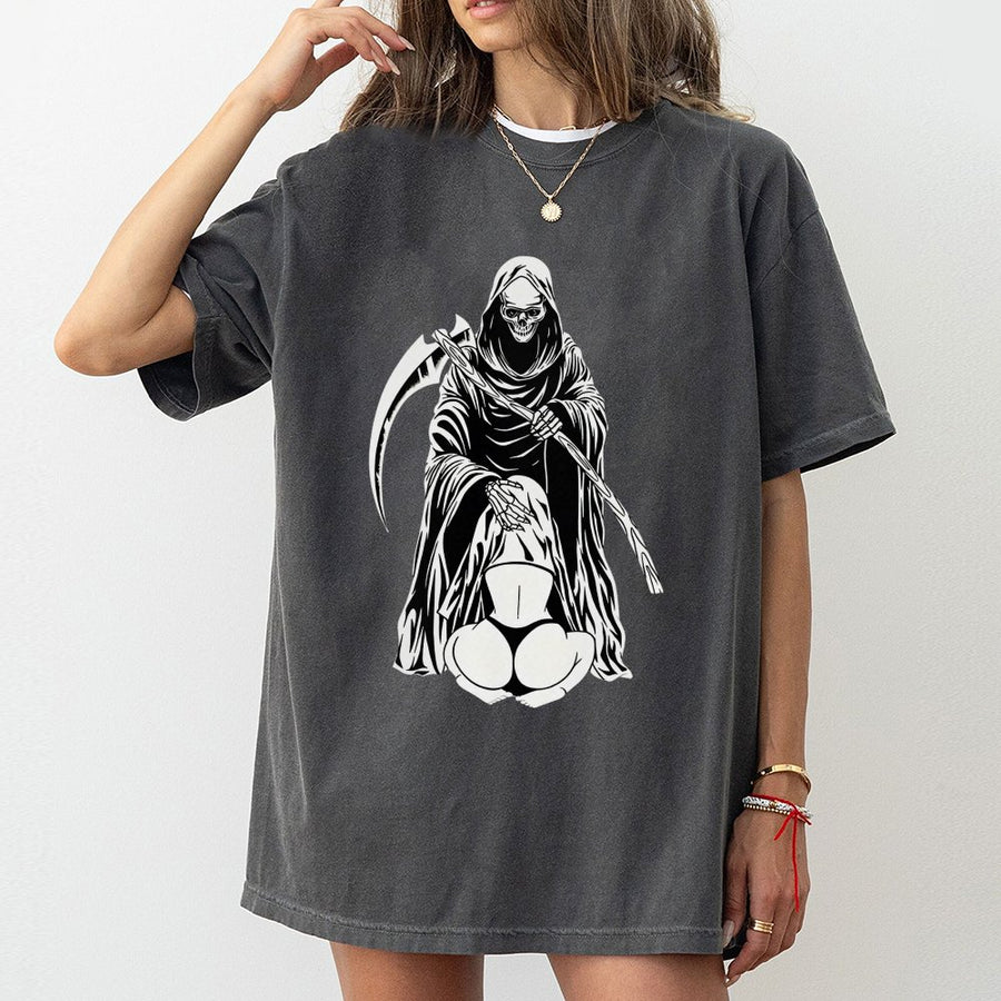 Grim Reaper Graphic T-Shirt | Edgy Skull Scythe Aesthetic | 100% Cotton Premium Apparel | Unisex Streetwear Gift for Alternative Fashion Lovers
